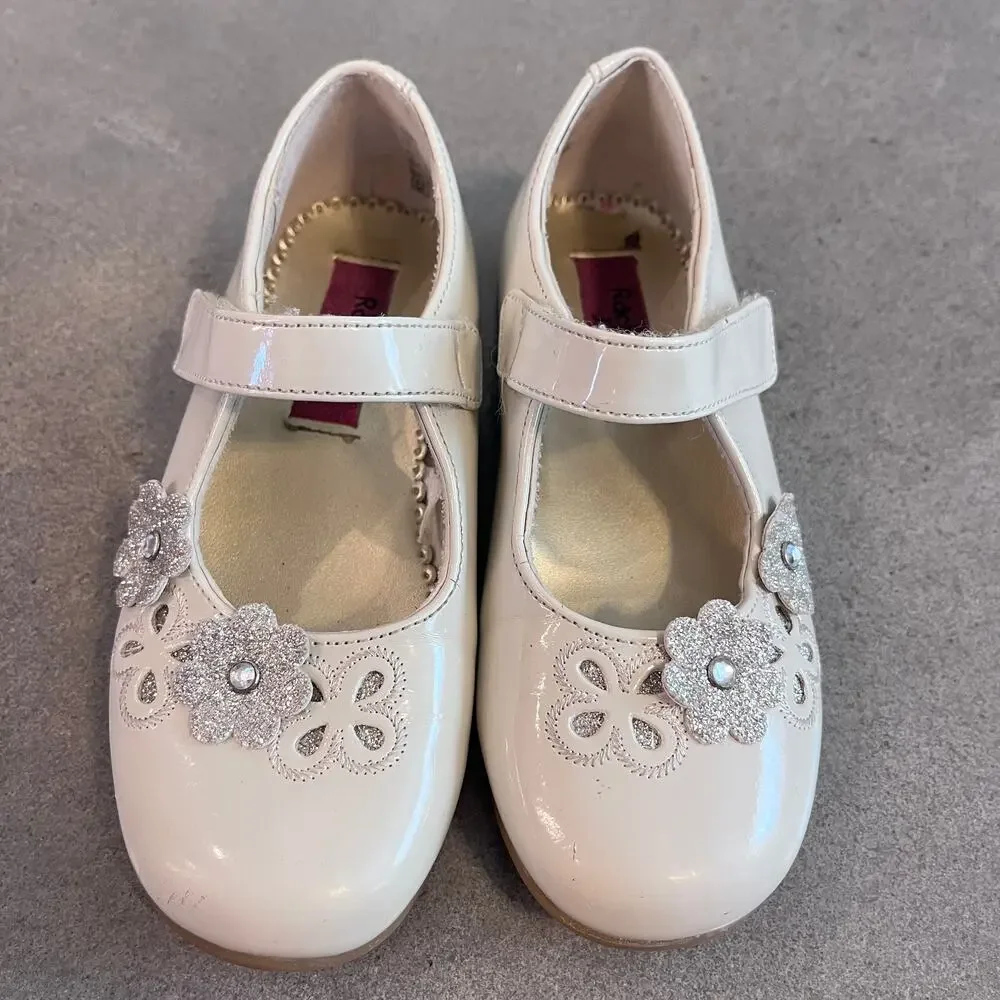 Rachel Shoes beige cream gold flowers mary jane dress shoes toddler girl size 10